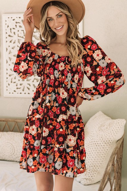 Multicolour Smocked High Waist Long Sleeve Floral Dress LC6118109-P22