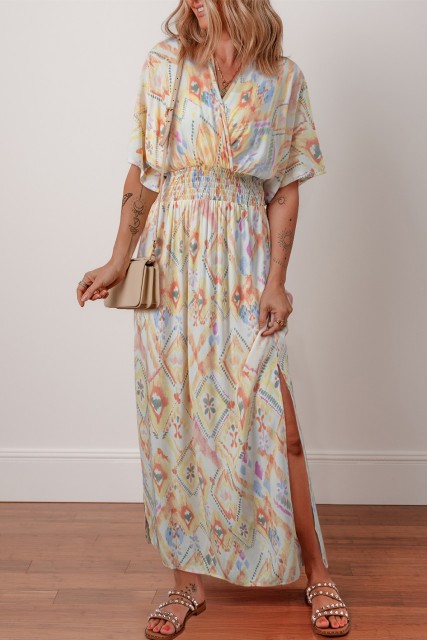 Multicolour Geometric Print Half Sleeve Shirred High Waist Maxi Dress LC6124377-P22