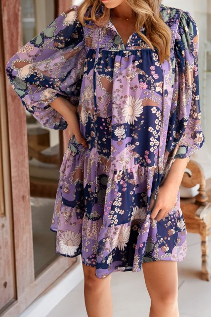 Purple Vintage Daisy Floral Puff Sleeve Ruffle Short Dress LC6118995-P820