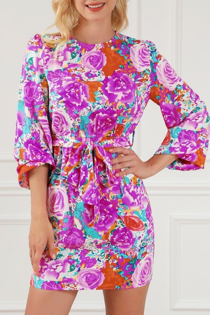 Purple Floral Keyhole Back Long Sleeve Belted Dress LC6117013-8