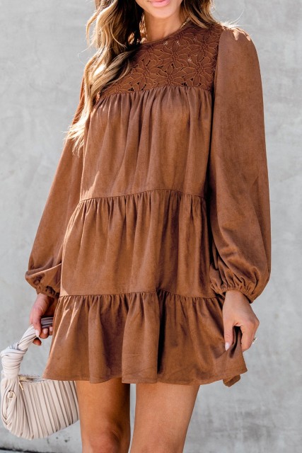 Chestnut Floral Lace Crochet Tiered Ruffled Mini Dress LC6122188-P2017