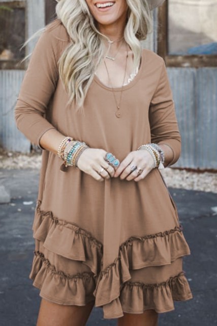 Goat Scoop Neck Tiered Ruffled Hem Long Sleeve Mini Dress LC6122089-P1217