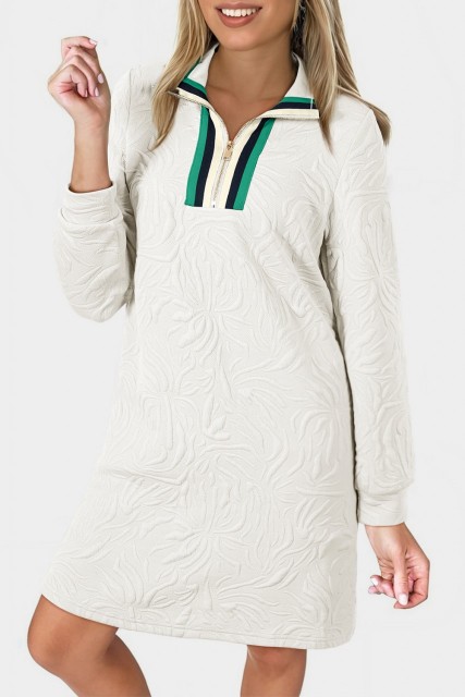 White Jacquard Textured Quarter Zipper Shift Mini Dress LC6125914-P1