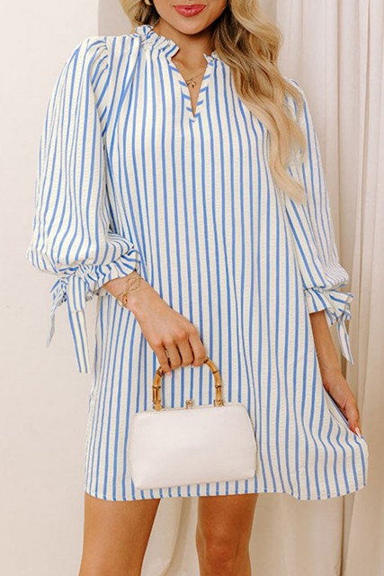 Sky Blue Stripe Knotted Bracelet Sleeve Notched Neck Shift Mini Dress LC6125723-P419