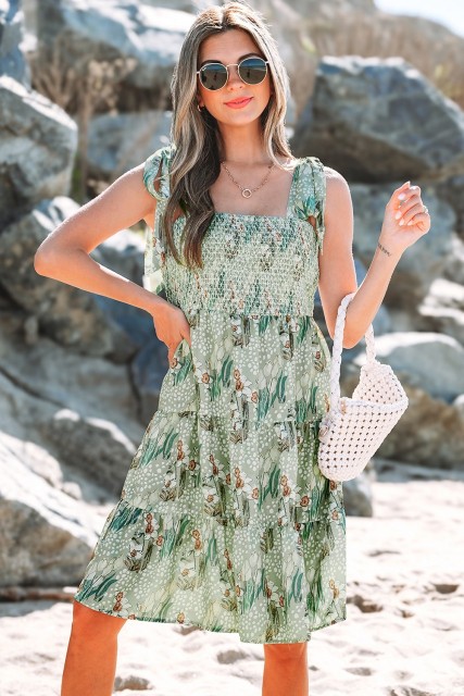 Gray Floral Knotted Strap Smocked Tiered Ruffle Mini Dress LC6123556-P1120