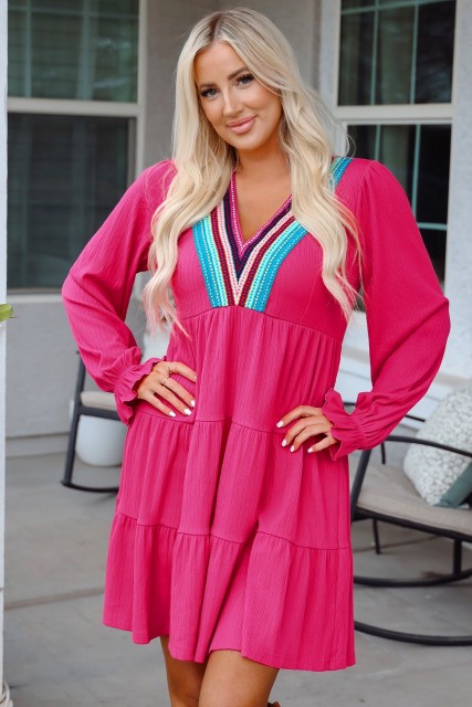Rose Red Colorful Crochet V Neck Textured Tiered Ruffled Long Sleeve Mini Dress LC6123268-P6