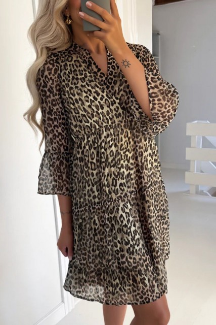 Khaki Leopard 3/4 Sleeve V Neck Swing Dress LC6125955-P1620