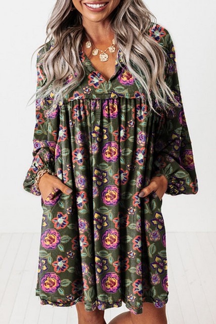 Green Floral Print Split Neck Bubble Sleeve Shift Mini Dress LC6126222-P920