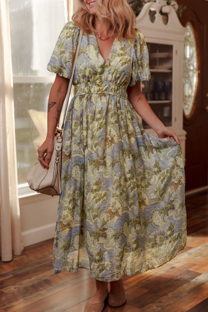 Multicolour Vintage Floral V Neck Short Puff Sleeve Long Dress LC6124556-P22