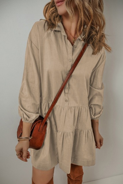 Tan Puff Sleeve Buttoned Tiered Pleated Shirt Mini Dress LC6121586-P3016